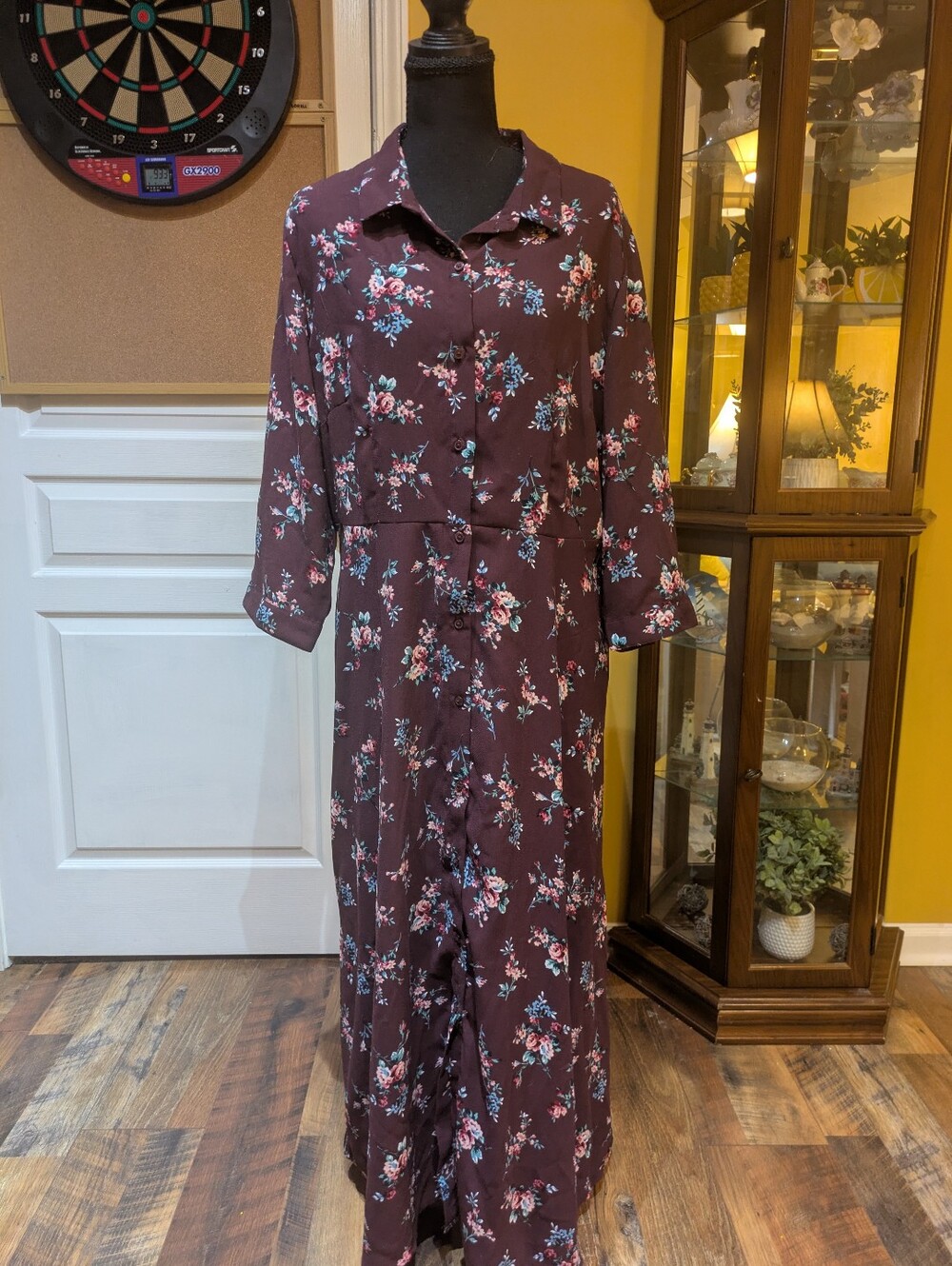 Time and Tru Eggplant Floral Button-Front Maxi Dress